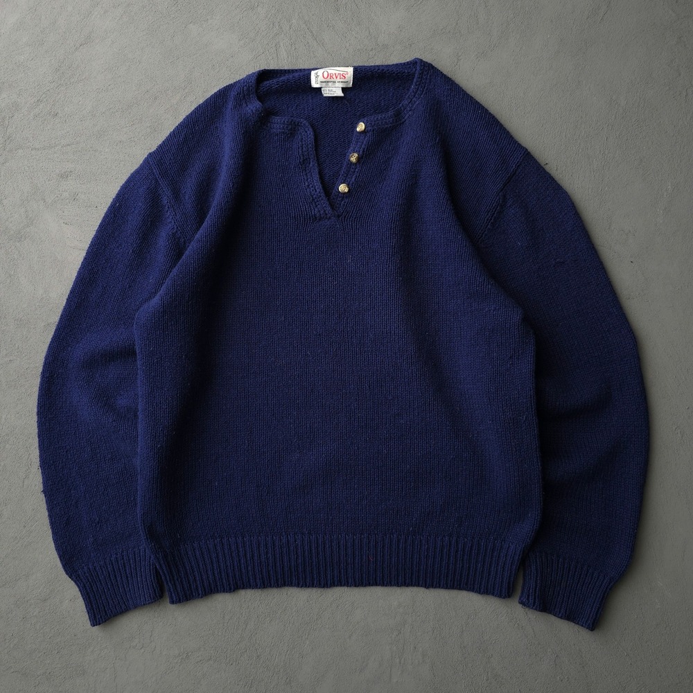 Vintage 90s Orvis Navy Blue Henley Knit Sweater Size L Silk Cotton